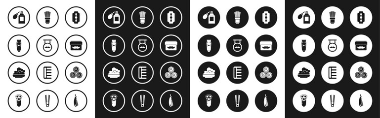 Set Blade razor, Barbershop, Electrical hair clipper shaver, Aftershave bottle with atomizer, Cream lotion cosmetic jar, Shaving brush, Towel rolls and gel foam icon. Vector