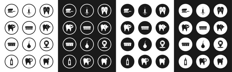 Set Teeth with braces, Tooth whitening concept, Toothbrush toothpaste, Dental clinic for dental care, medical syringe, location and Dentures model icon. Vector