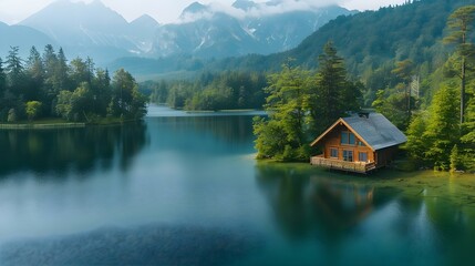Tranquil Cabin Retreat Amidst Misty Mountains. Concept Cabin Retreat, Tranquil Setting, Misty Mountains