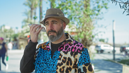 A bearded man in a colorful shirt listens to a voicemail outdoors in a sunny urban setting.