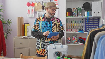 Stylish man using tablet in a vibrant atelier surrounded by sewing machines and colorful fabrics.