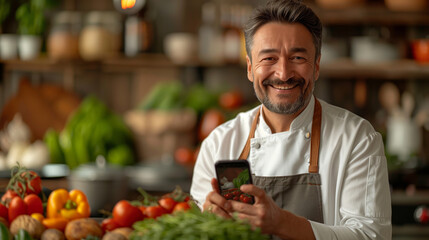 A chef is smiling and holding a cell phone in front of a table full of food. An chef live streaming a cooking tutorial, holding a smartphone, with a kitchen filled with fresh ingredients. - obrazy, fototapety, plakaty