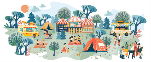 Obraz premium Summer festival, picnic and barbecue. Vector illustrations of park, nature, trees, resting walking people on weekends and holidays, family, camping tent, fair, bus stand selling burger and popcorn