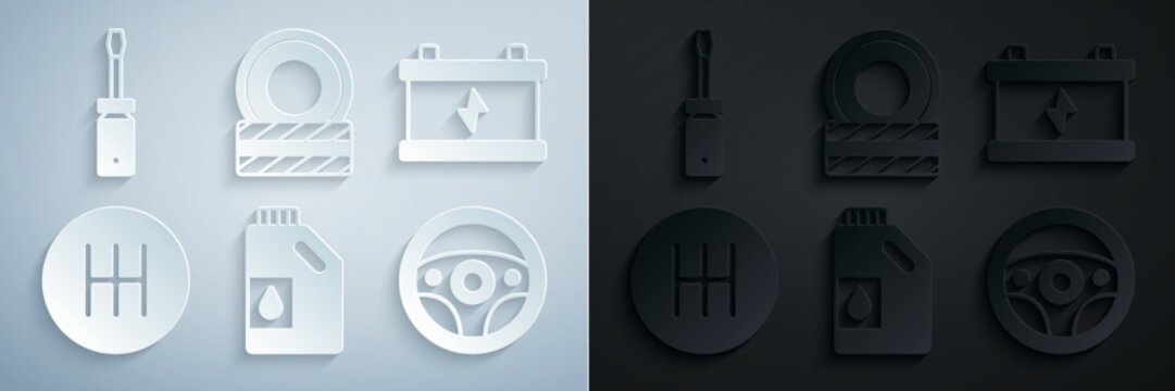 Set Canister for motor oil, Car battery, Gear shifter, Steering wheel, tire and Screwdriver icon. Vector