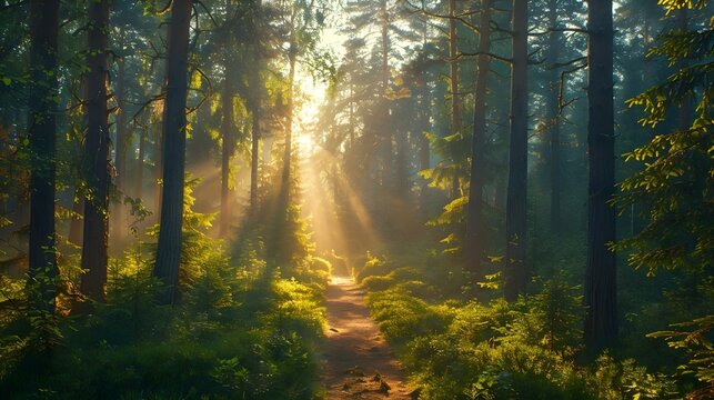 Serene Sun-Kissed Swedish Forest Path. Concept Nature Photography, Tranquil Landscapes, Sunlight Filtering Through Trees, Scandinavian Forest Trail, Peaceful Outdoor Scenes