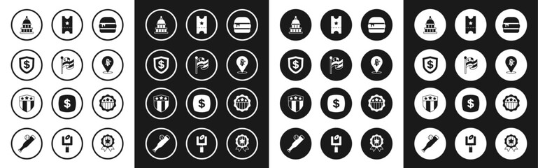 Fototapeta premium Set Burger, American flag, Shield with dollar, White House, Eagle, Baseball ticket, USA Independence day and stars icon. Vector