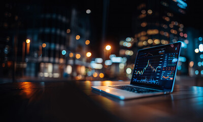 Laptop with glowing forex chart on screen in the city at night