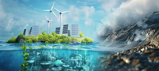 renewable energy wind power, solar power, bioenergy (organic matter burned as a fuel) and hydroelectric, including tidal energy - obrazy, fototapety, plakaty