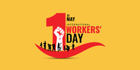 1st May Happy Labour Day, Workers' rights May Day, May 1st International Labor Day, Thank you to all workers for your hard, Construction, Safety Hat, Raise Hand, Labor Rights, Employee safety law - obrazy, fototapety, plakaty