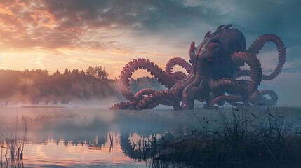 Enigmatic Lake Monster with Tentacles in Morning Mist