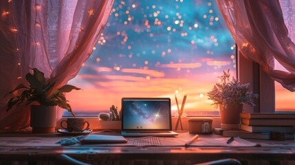 Cozy Home Office Setup with Laptop During Magical Sunset