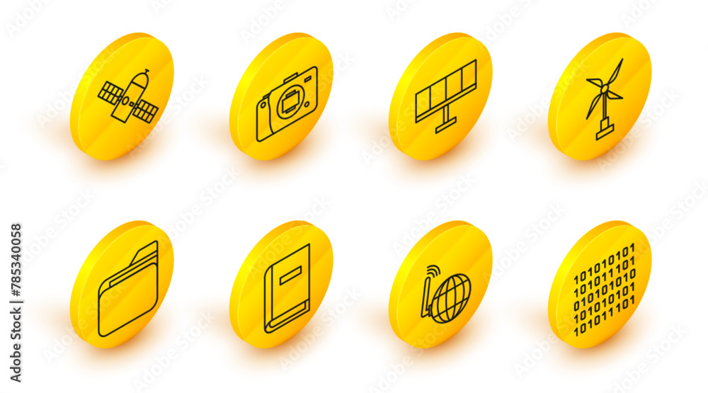 Poster set line binary code, social network, user manual, document folder, wind turbine, solar energy panel