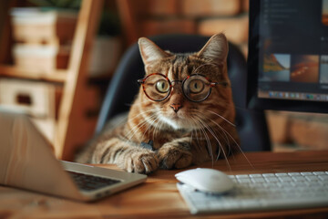 Ginger cat with glasses poses at a desk, exuding a scholarly air amidst a warm, bokeh light background