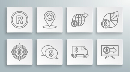 Set line Target with dollar, Map pointer star, Speech bubble, Armored truck, Monitor, Earth globe, Money and diagram graph and Registered Trademark icon. Vector