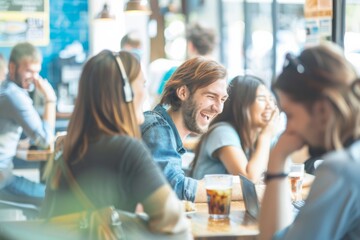 Diverse Young Adults Enjoying a Lively Conversation in a Sunny Cafe