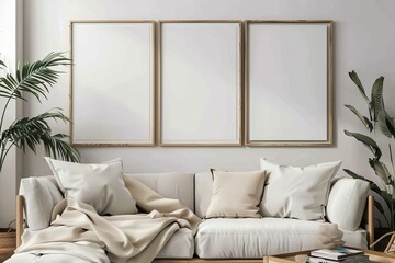 Mock-up of a poster frame with a background of a living room in warm, gray tones in a home... Beautiful simple AI generated image in 4K, unique.