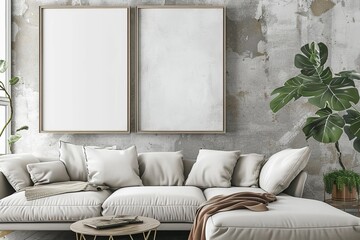 Wall mockup in Scandi-Boho living room interior background, 3d render. Beautiful simple AI generated image in 4K, unique.