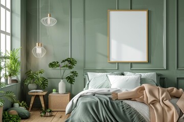 A light-colored guest room featuring a sofa, two armchairs, and a mockup blank white poster. Beautiful simple AI generated image in 4K, unique.