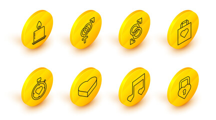 Set line Castle in the shape of a heart, Music note, tone with hearts, Candy shaped box, Heart center stopwatch, Shopping bag, Male gender symbol, Gender and Burning candle icon. Vector