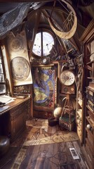 Fototapeta na wymiar Vintage Nautical Explorer's Study Room with Antique Maritime Instruments
