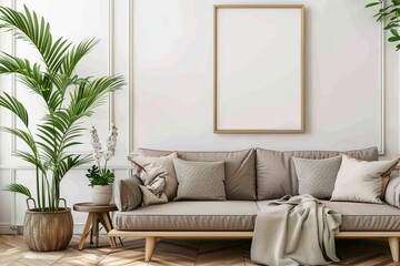 A light-colored guest room featuring a sofa, two armchairs, and a mockup blank white poster. Beautiful simple AI generated image in 4K, unique.