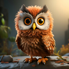 Fototapeta premium Cute owl sitting on a rock. 3d render illustration.