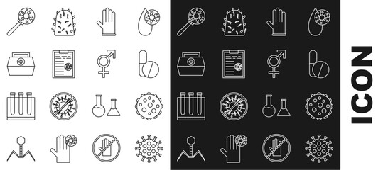 Set line Virus, Medicine pill or tablet, Medical rubber gloves, Clipboard with blood test results, First aid kit, under magnifying glass and Gender icon. Vector