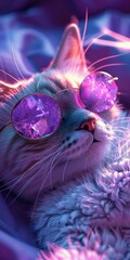 Stylish Cat in Sparkling Sunglasses Relaxing in Vibrant Neon Ambiance