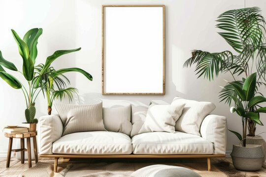 Mock Up Poster Frame Living Room Interior Background - 3d Render, 3d Illustration. Beautiful simple AI generated image in 4K, unique.