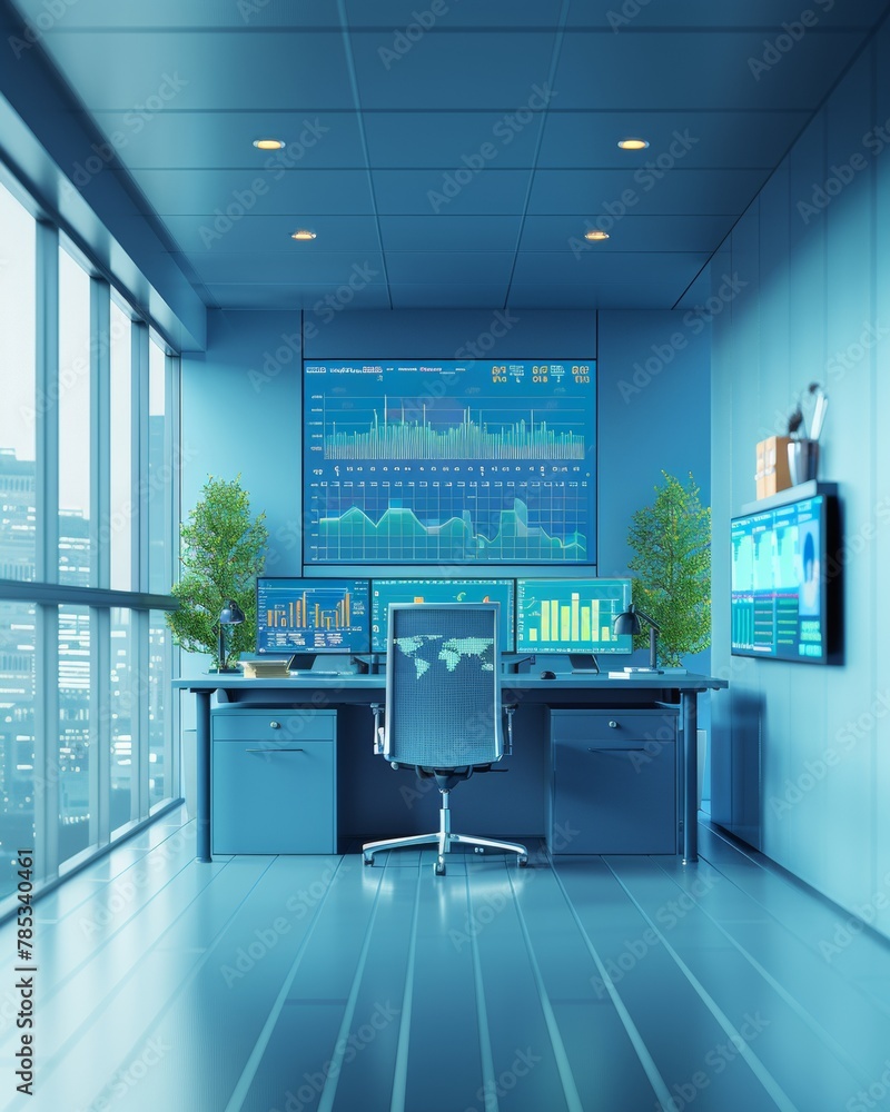 Poster modern office interior with high-tech monitors and data analysis charts