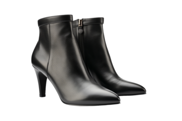 Midnight Elegance: A Pair of Sleek, Black High Heeled Boots. On a White or Clear Surface PNG Transparent Background.