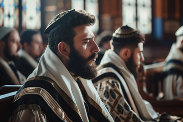 An orthodox Jewish congregation prays with tallit at a religious synagogue AI Generation - obrazy, fototapety, plakaty