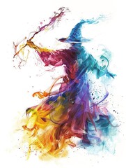 Obraz premium An abstract watercolor painting of a wizard, his robes flowing and wand raised, casting spells with vibrant, swirling colors, 