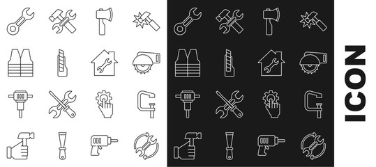 Set line Wrench and arrows as workflow, Clamp screw tool, Electric circular saw, Wooden axe, Stationery knife, Safety vest, spanner and House repair icon. Vector