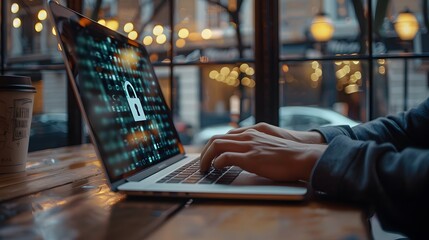 Laptop screen with padlock indicating cyber security to protect from hackers. Concept: internet