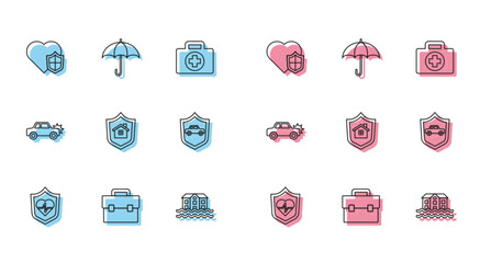 Set line Life insurance with shield, Briefcase, House flood, Car, and Umbrella icon. Vector