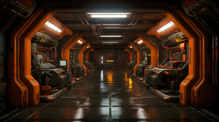 3D render of an orange spaceship interior with a lot of equipment