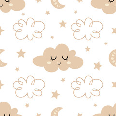 Seamless pattern with cloud, moon, star in cartoon flat style. Kids digital paper perfect for scrapbook paper, decor, background, fabric. Hand drawn vector pattern