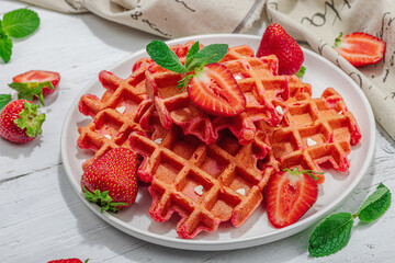 Homemade Belgian Waffles with strawberries. Gluten-free red dessert, fresh fruits and basil