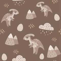 Boho dinosaur seamless pattern in cartoon flat style. Dino digital paper perfect for scrapbook paper, prints, background, fabric. Hand drawn vector pattern