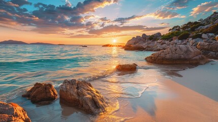 Calm beach with crystal clear water and a stunning sunset - obrazy, fototapety, plakaty