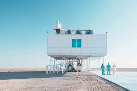 Engineers Surveying a Solar Power Plant Station in a Desert at Midday