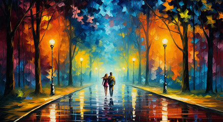 a painting of a couple walking down a rain soaked street at night with a bright light shining on them - obrazy, fototapety, plakaty