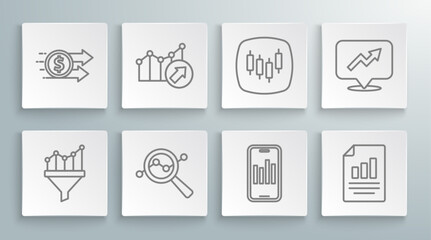 Set line Sales funnel with chart, Financial growth, Search data analysis, Mobile graph, Document, Browser stocks market, and dollar icon. Vector