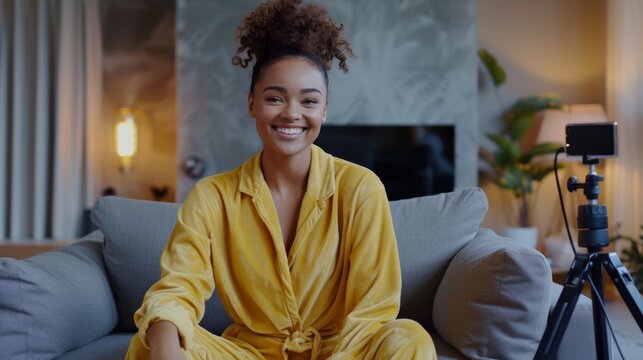 Young African American Woman in Yellow Pajamas Creating Content for Vlog at Home