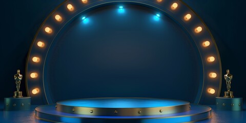 Round stage with Oscar statues and light bulbs