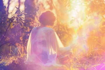 Serene Outdoor Meditation at Sunset - Young Adult Female Engaging in Mindfulness - obrazy, fototapety, plakaty