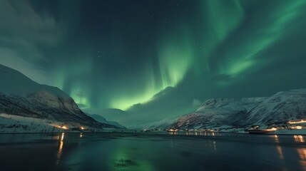 A breathtaking view of the Northern Lights over a snowy mountain range