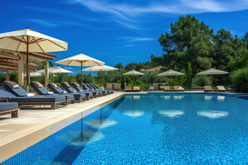 Fototapeta na wymiar Vacation sun loungers with umbrellas nearby luxurious swimming pool Generative AI