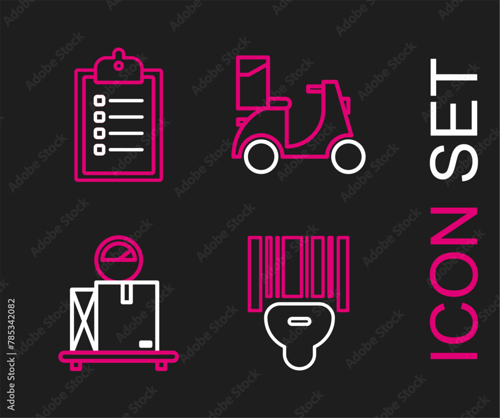 Poster set line scanner scanning bar code, scale with cardboard box, scooter delivery and verification of l